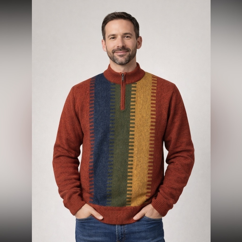 Peru Etnice 1/4 Zip Sweater Men’s Large Cosby 100% Alpaca Striped Long Sleeve
